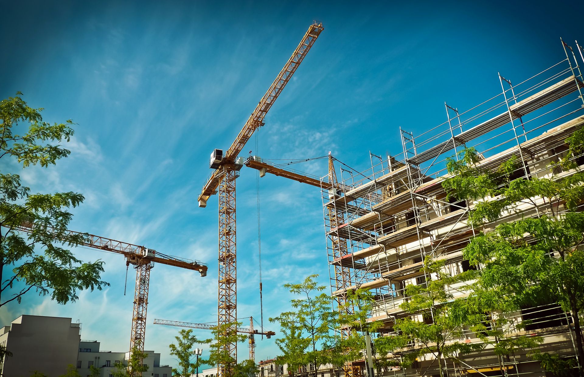 Mehrere Krähne auf einer Baustelle. 